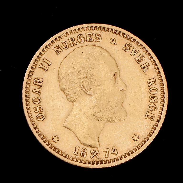 MYNT, guld, 10 kroner/2 1/2 Speciedaler, Oscar II, Sverige och Norge 1874. Vikt ca 4 gram.