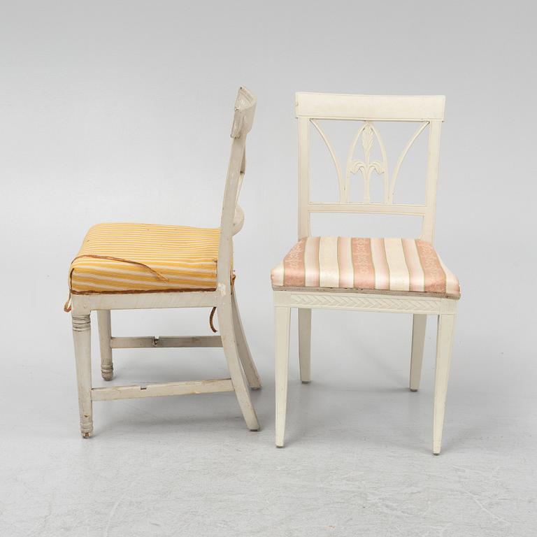 Six Gustavian chairs, different models, from Lindome, Sweden, around 1800.