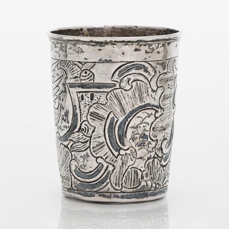 An 18th-century Russian silver beaker, Moscow 1764. Unidentified master. Alderman Fedor Petrov.