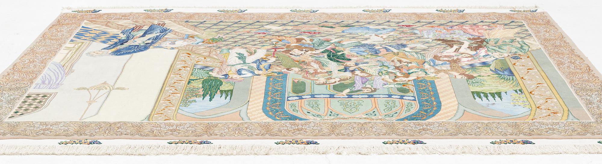 Matta, figural Täbriz, part silk, ca 197 ( + 7 cm slätväv på vardera ände) x 299 cm.