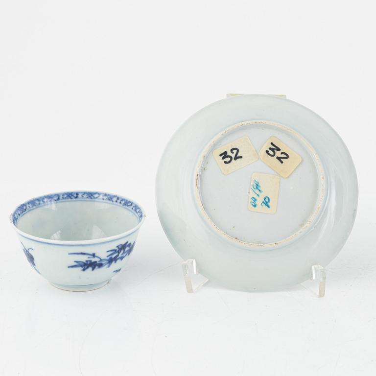 A blue and white porcelain dish, cup and saucer, China, Qing dynasty, 18th century.