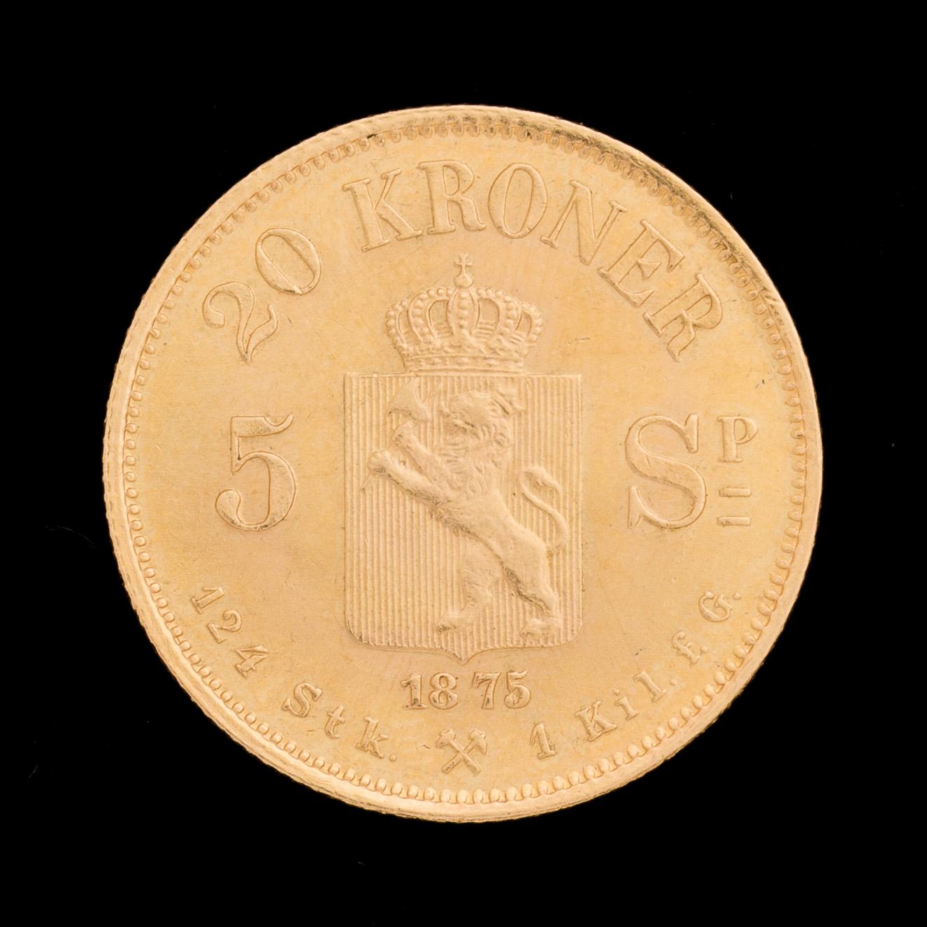 GULDMYNT, Sverige och Norge, 20 KRONER OSCAR II. 1875. Vikt ca 9 g.