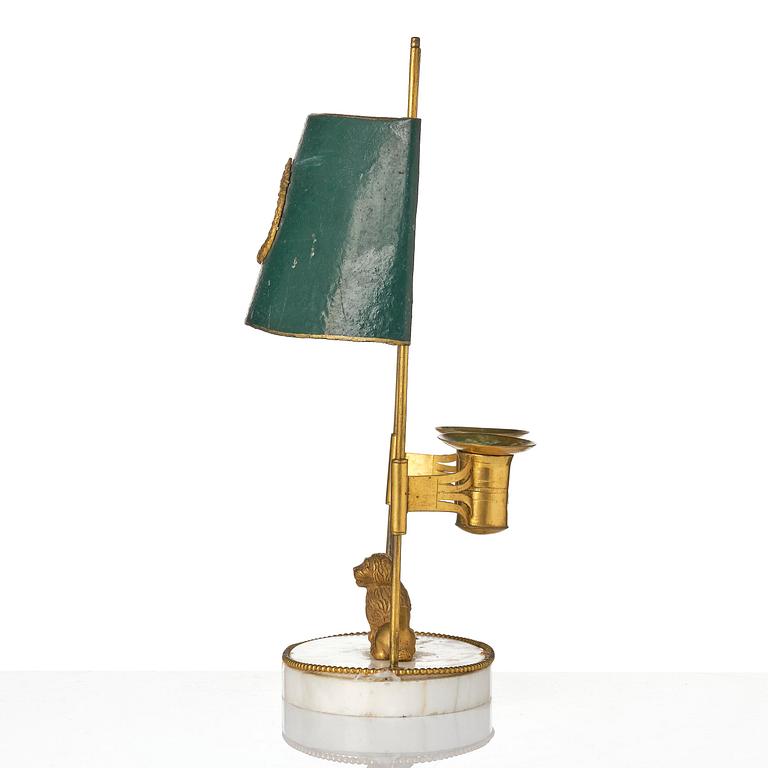 A late Gustavian gilt brass, marble and tole reading lamp, late 18th century.