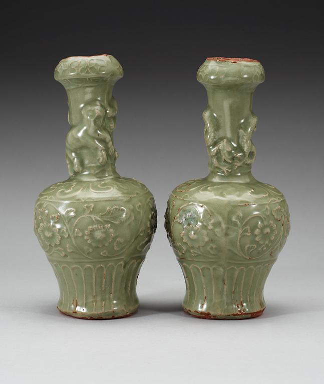Two celadon glazed longquan vases, Ming dynasty (1368-1644).