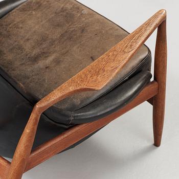 A pair of Olof Persson 'Seal' teak and black leather easy chairs, Olof Persson Möbler, Jönköping 1950's-60's.