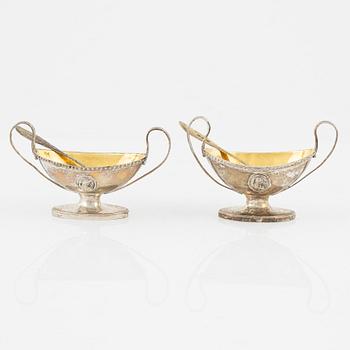 A pair of Gustavian silver and parcel-gilt salt cellars, one with mark of Petter Eneroth, Stockholm 1799.