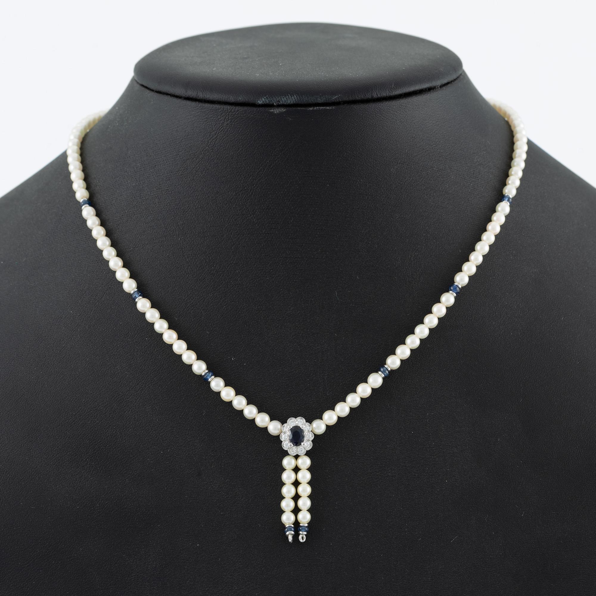 Necklace, 18K white gold with cultured pearls, sapphires, and brilliant-cut diamonds.