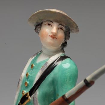 FIGURIN, två stycken, porslin. Meissen, jägare, 1700-tal.