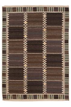 RUG. "Salerno mörk med enkel bård". Flat weave. 205,5 x 148,5 cm. Signed AB MMF BN.