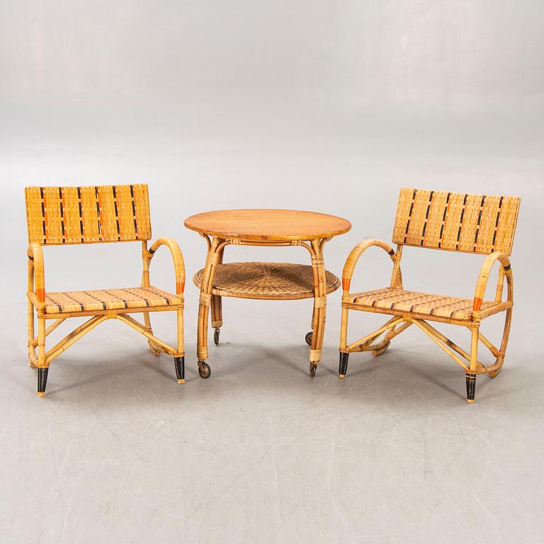 Armchairs a pair and table, 1930s-40s.