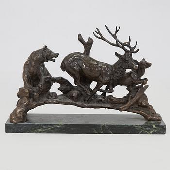Sculpture, bronze, bear and deer.