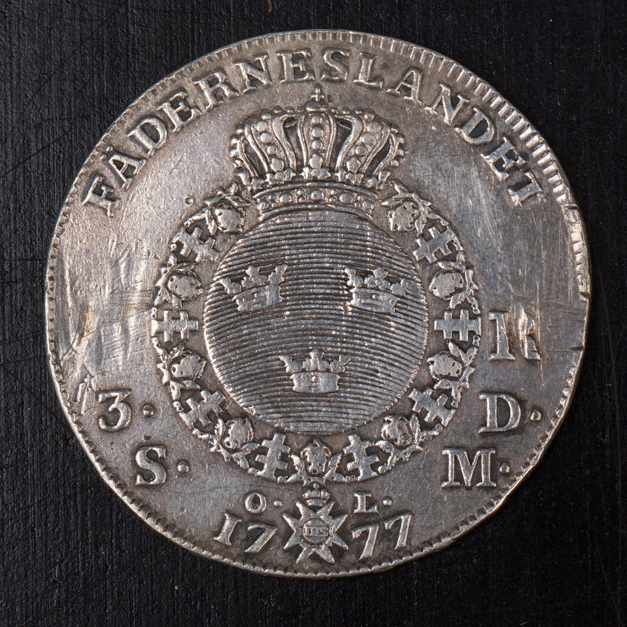 SILVERMYNT, 1 riksdaler, Gustav III, 1777, vikt ca 29g.
