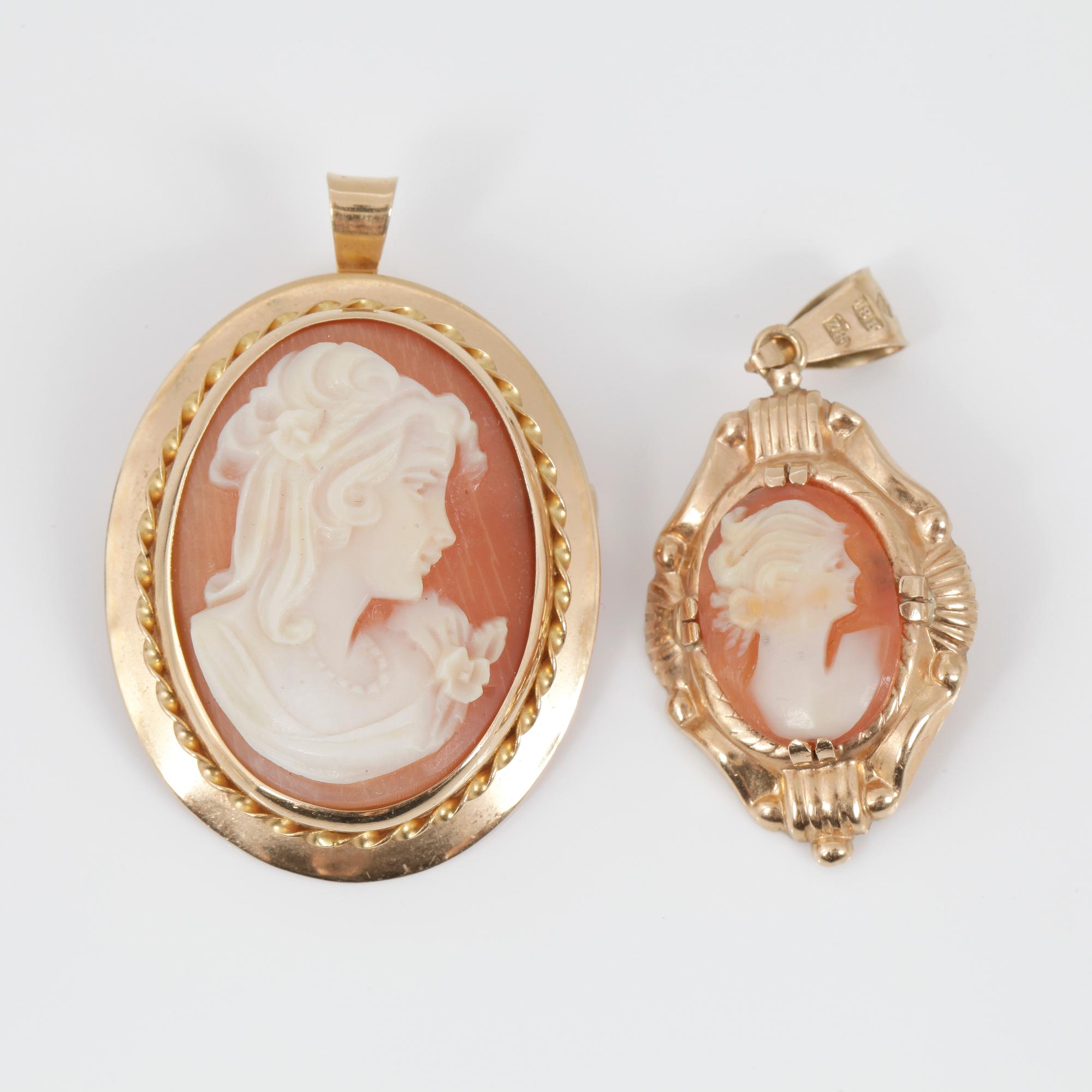 HÄNGE/BROSCH, 2 st, 18K guld med camé. Svenska stämplar bla 1950. Vikt 8 gram.