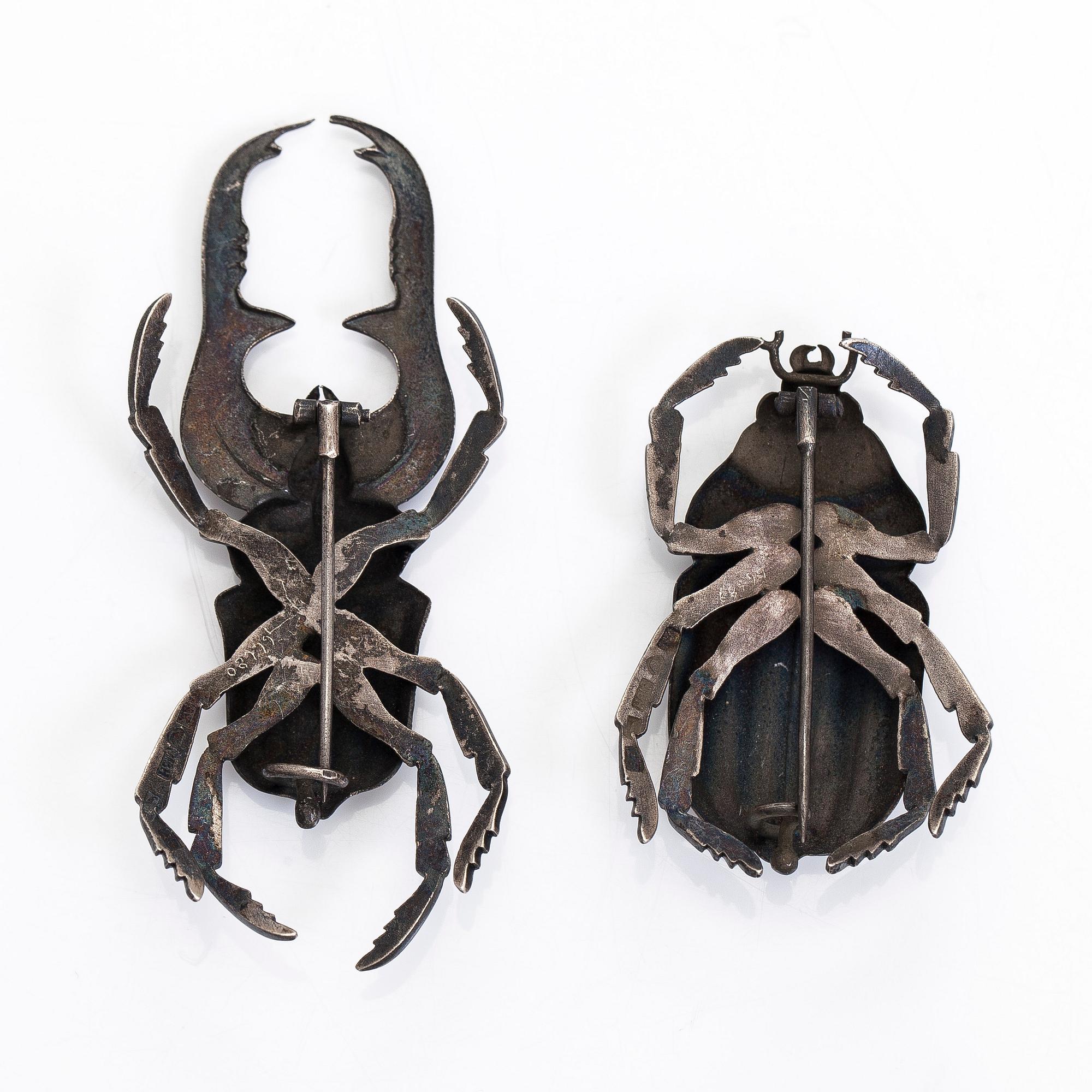 Brooches, beetles, 2 pcs, silver, A. Tillander, Helsinki 1953.