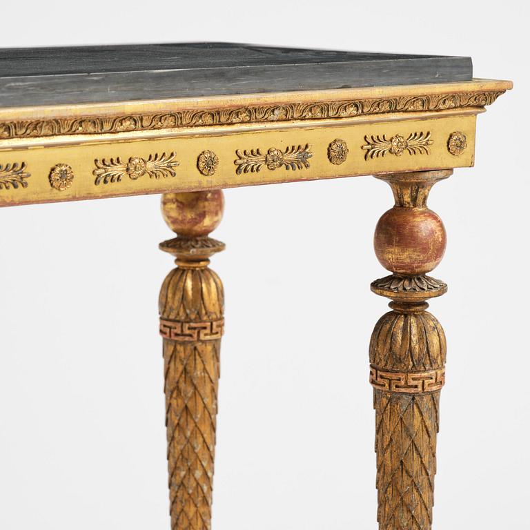 A late Gustavian giltwood console table in the manner of Jonas Frisk, Stockholm, circa 1800.