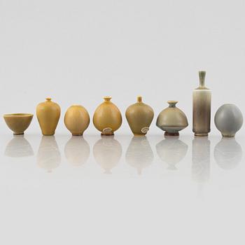 Berndt Friberg, a group of seven miniature stoneware vases and a bowl, Gustavsbergs Studio, 1957-70.