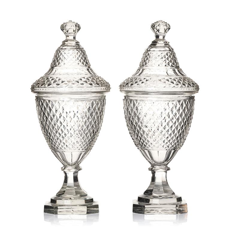 A pair of glass cups with covers, possibly Ireland, 19th century.