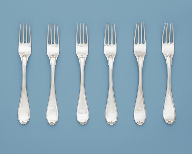 A Swedish 19th century set of six silver table-forks, makers mark of Nils Limnelius, Stockholm 1811.