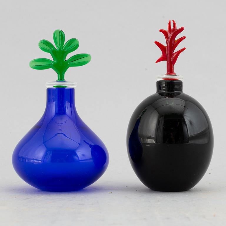 Alessandro Mendini, two glass vases with stoppers, Venini, Murano, Italy.