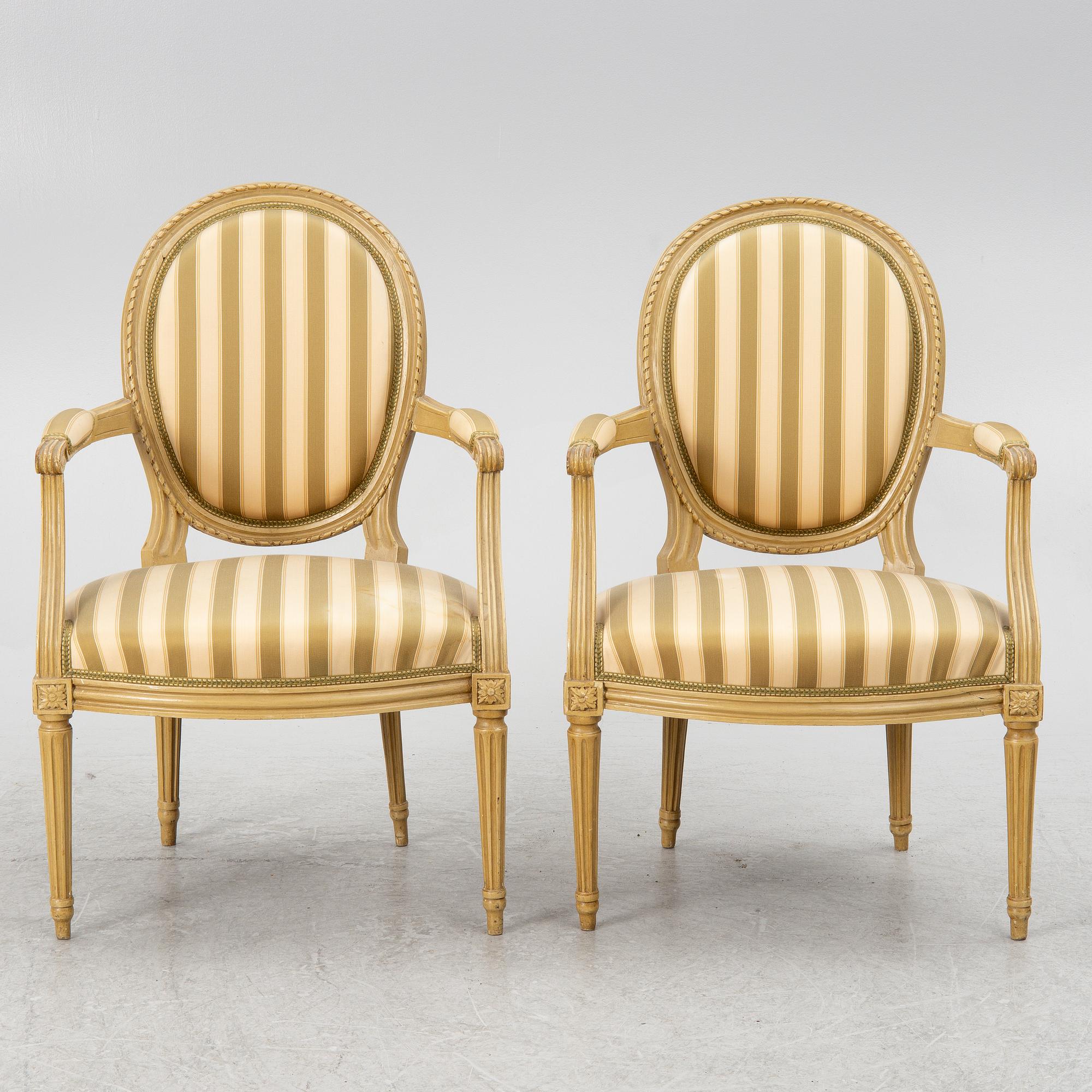 A pair of Gustavian armchairs, Sweden, late 18th century.