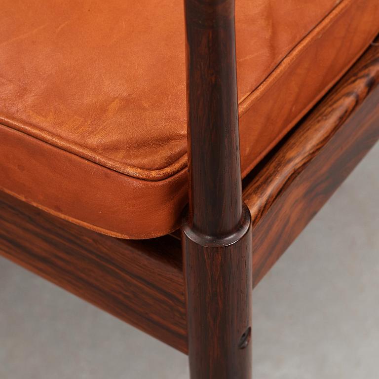 Ib Kofod-Larsen, a pair of "Samsö" palisander and brown leather easy chairs, Olof Persons Fåtöljindustri (OPE) Sweden 1960's.