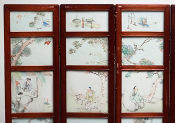 A Chinese folding screen with 48 porcelain tiles, late Qing dynasty, signed Ren Huanzhang, and dated 1881.
