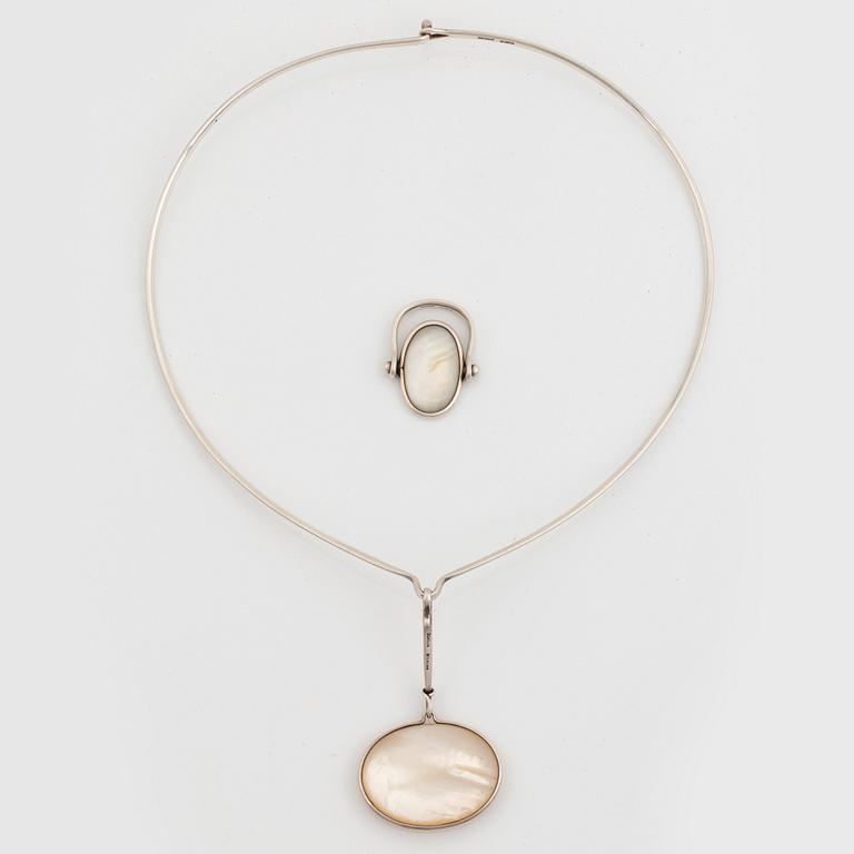 Vivianna Torun Bülow-Hübe, a sterling and mother of pearl necklace and ring, probably 1980's.