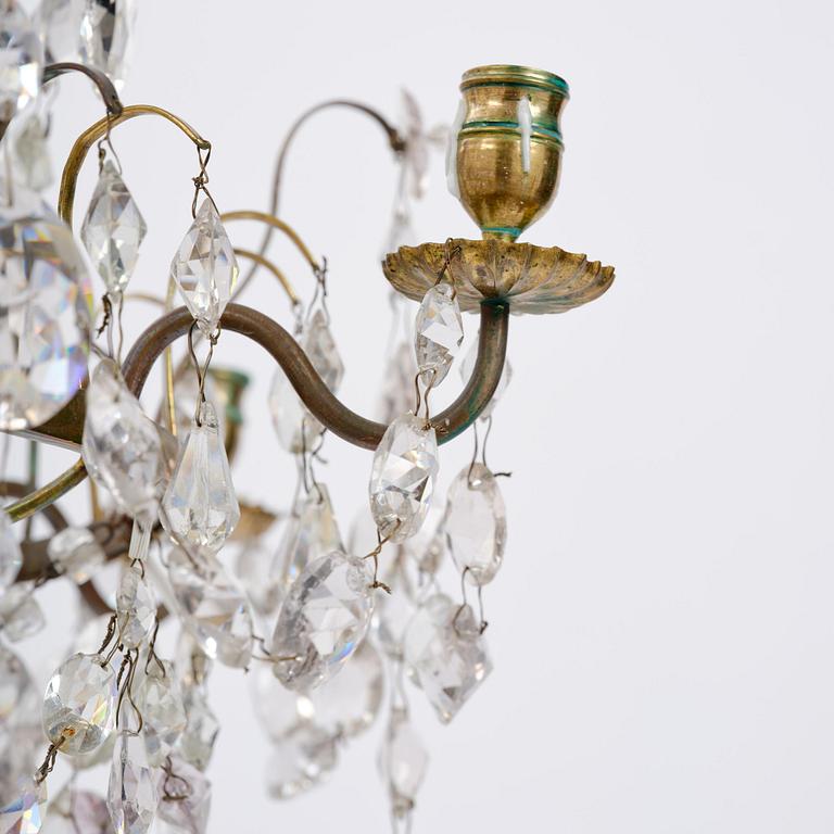 A Russian / Northern European Louis XVI-style gilt brass and blue glass six-branch chandelier, 19th century.