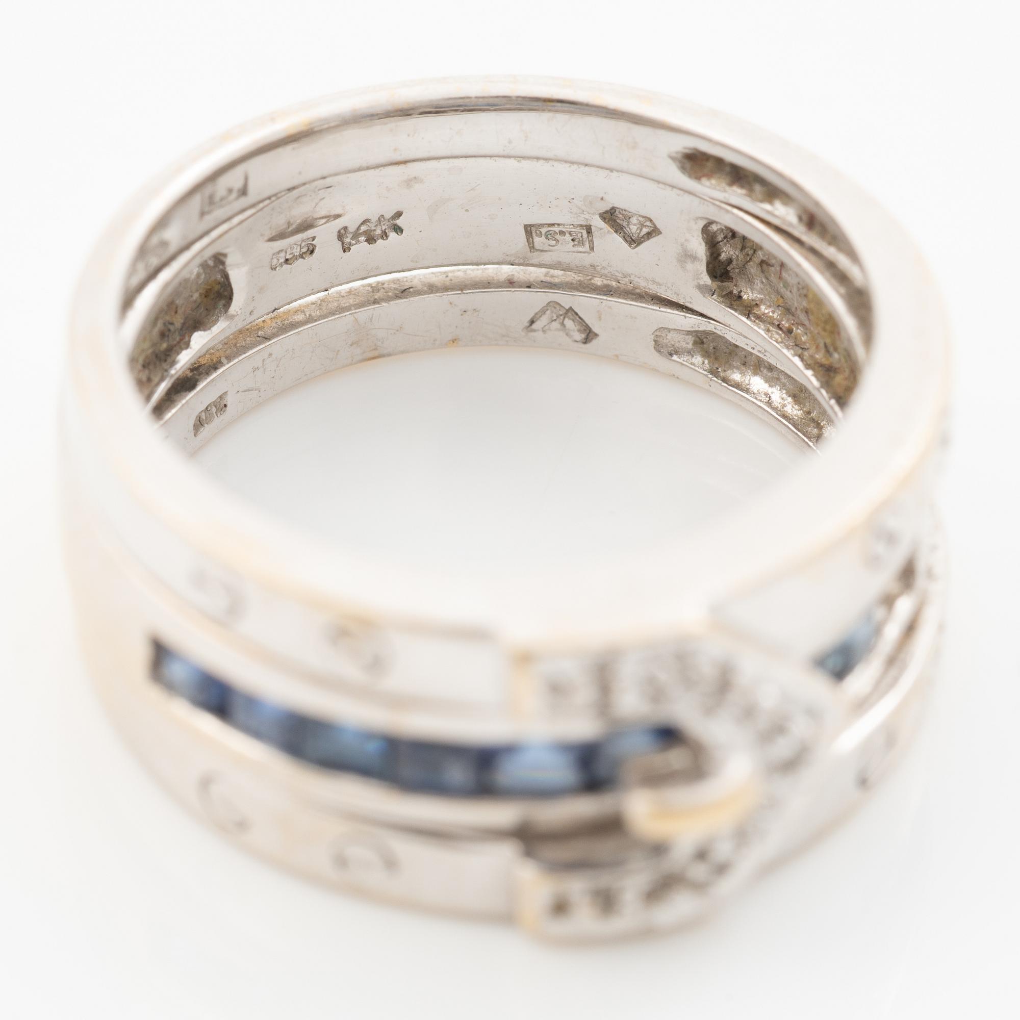 Ring, two-part, 14K white gold with sapphires and small diamonds.