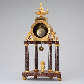 A late Gustavian early 19th century gilt bronze and porphyry mantel clock.