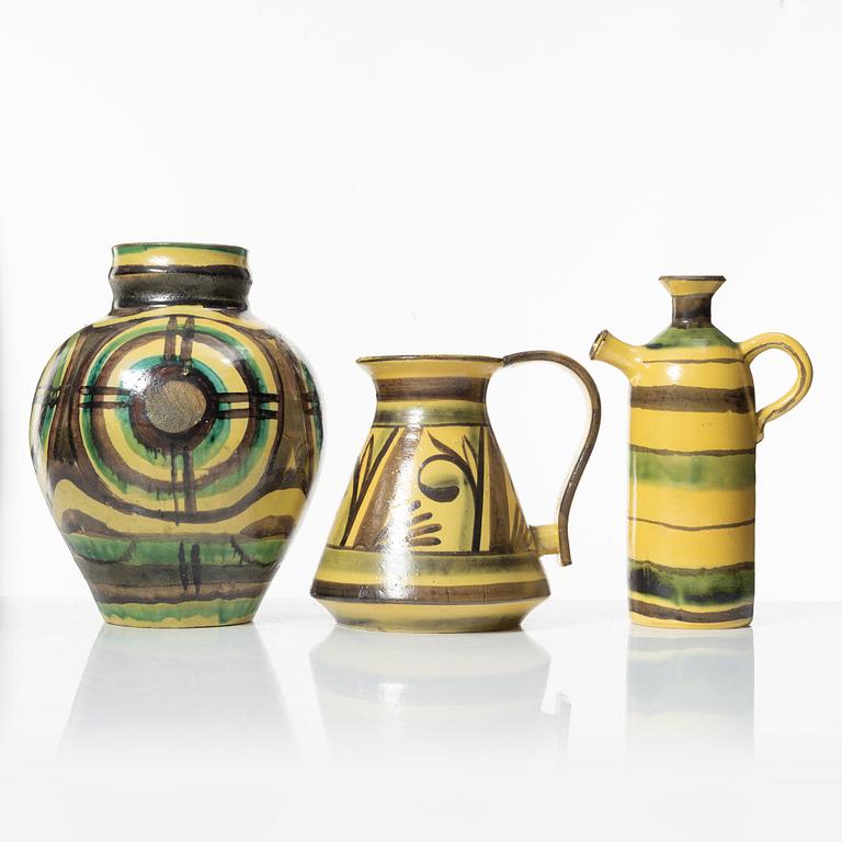 Allan Ebeling, two glazed ceramic ewers and a vase, Torshälla 1930s.