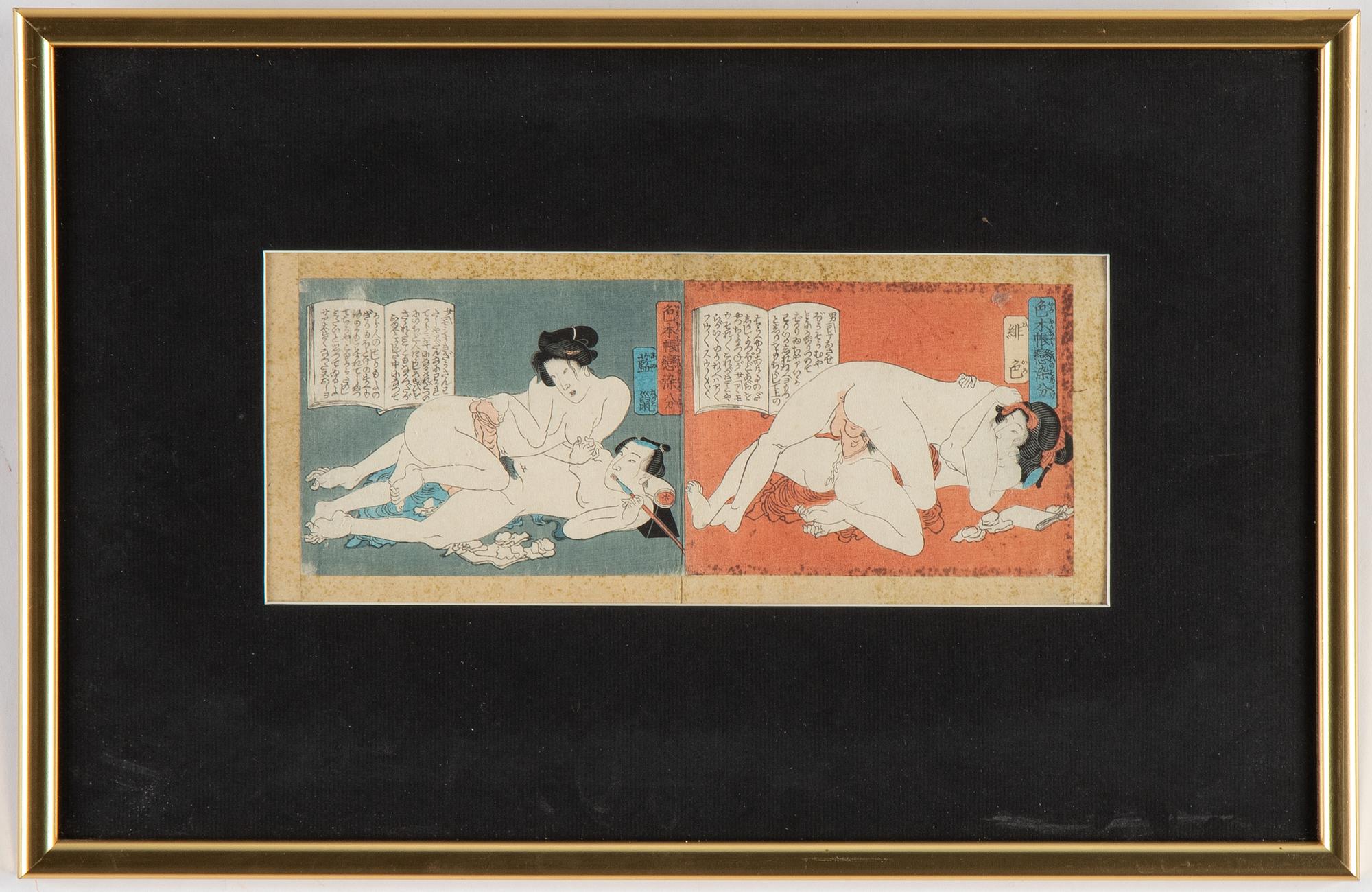 Blad ur album, 6 st, färgträsnitt. Japan, sent 1800/tidigt 1900-tal.