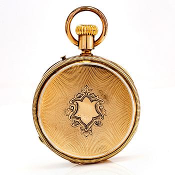 A mid 1800s gilded bronze pocket watch stand and pocket watch.