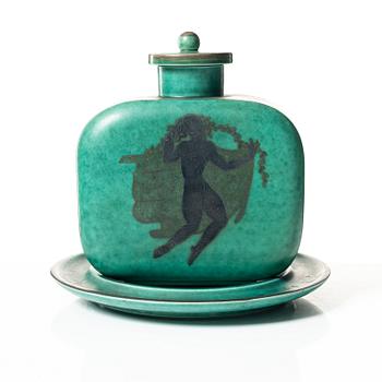 Wilhelm Kåge, an 'Argenta' lidded vase and a plate, Gustavsberg.