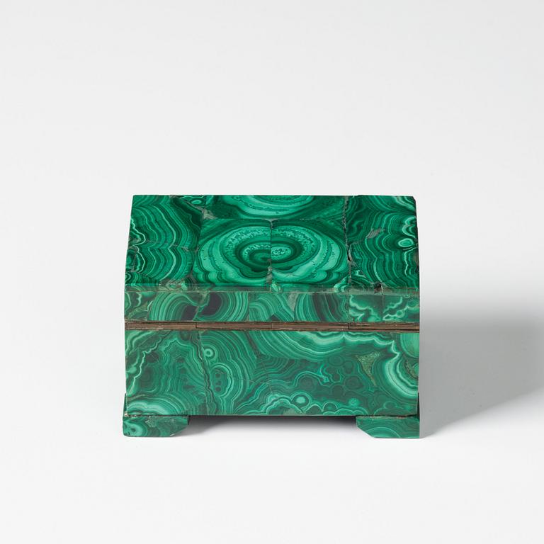 A Russian malachite-veneered box from Yekaterineburg Imperial Lapidary, circa 1900.