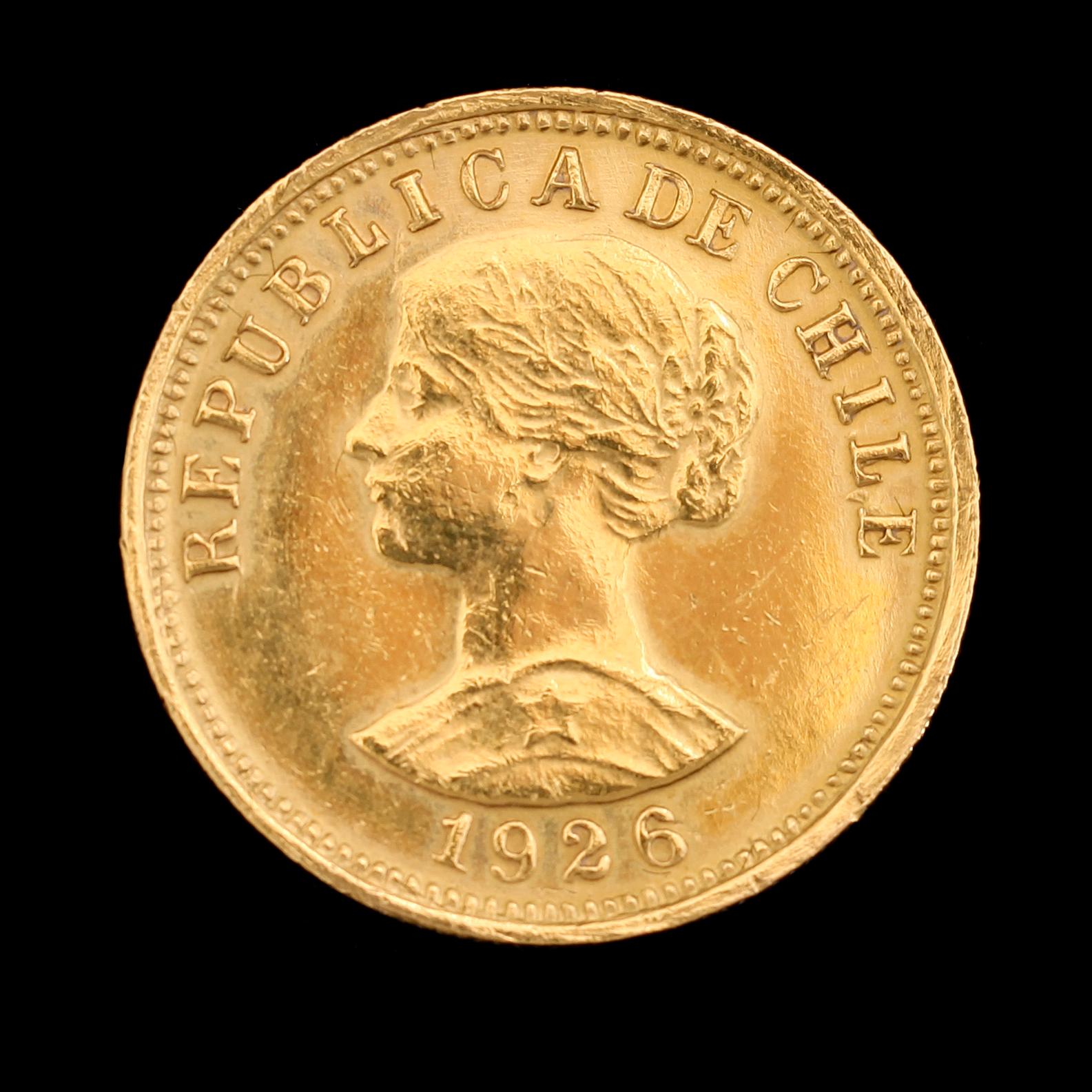 GULDMYNT, 50 ps, Chile, 1926. Vikt ca 10 gram.