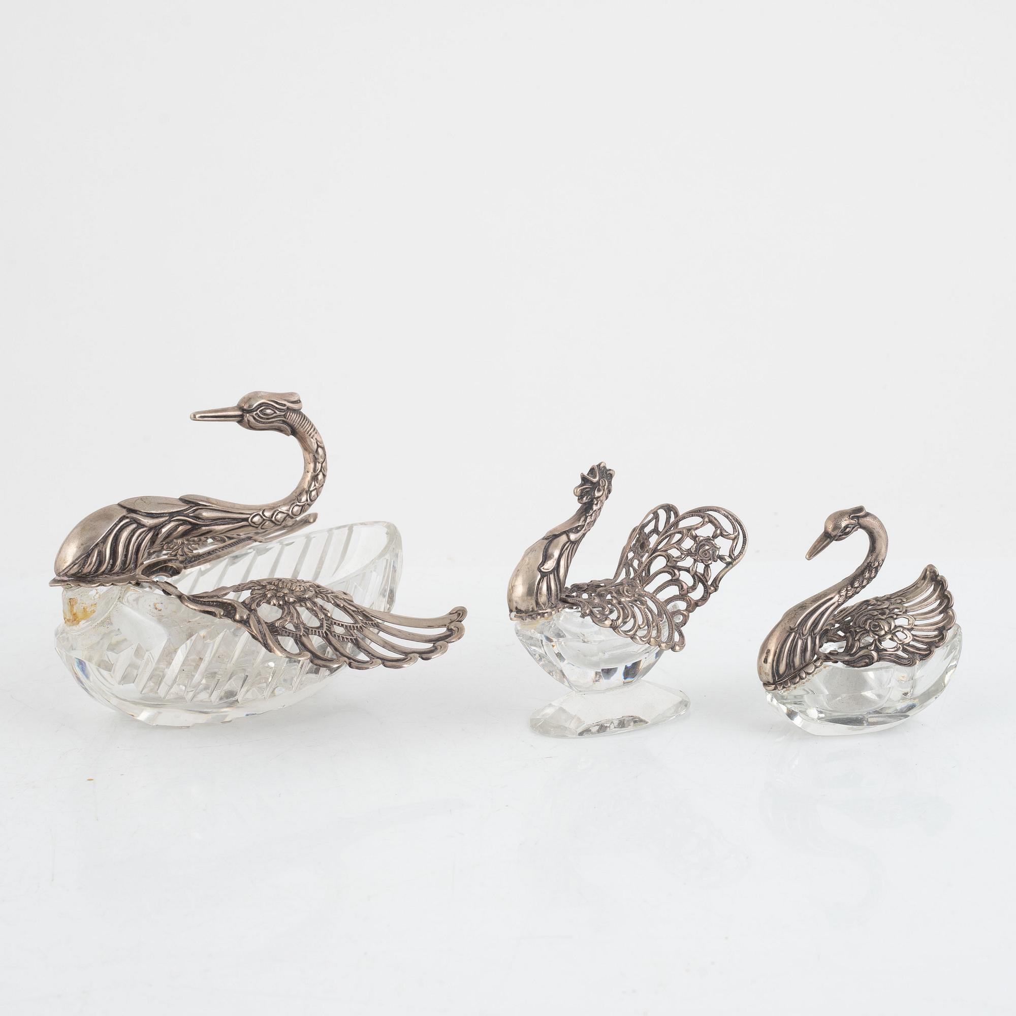 Salt cellar/table accessory, silver and glass, three pieces, mid-20th century.