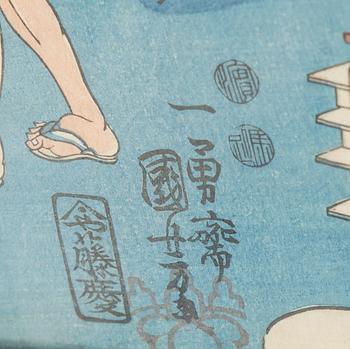 UTAGAWA KUNIYOSHI (1797/98-1861), triptyk, färgträsnitt. Japan, "Miyamoto Musashi".