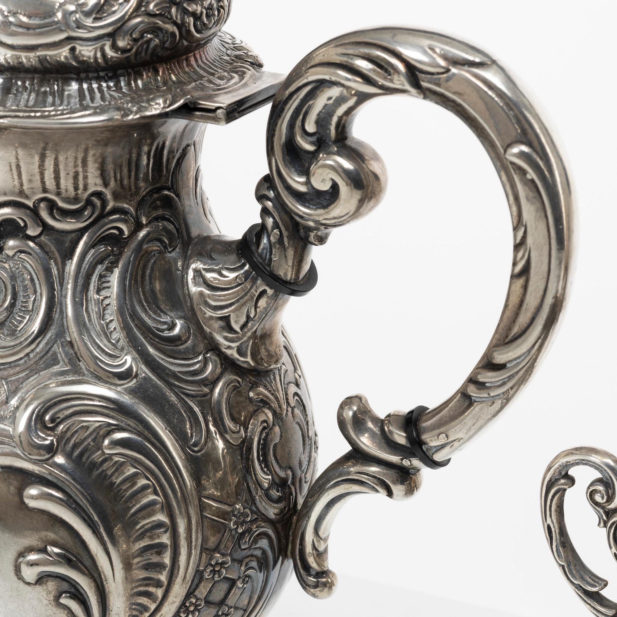 A three-piece rococo-style silver coffee service, GEWE, Malmö, 1955.