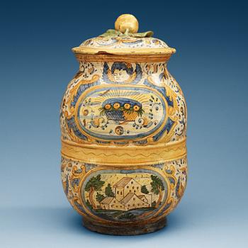 802. An Italian jar with cover, 17/18th Century.