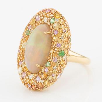 Ring, cocktailring, med opal, tsavoriter, flerfärgade safirer och briljantslipade diamanter.