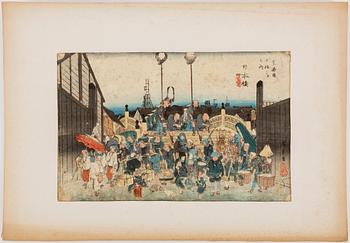 UTAGAWA HIROSHIGE (1797-1858), färgträsnitt. Japan, Nihonbashi, från The fifty-three stations of the Tokaido.