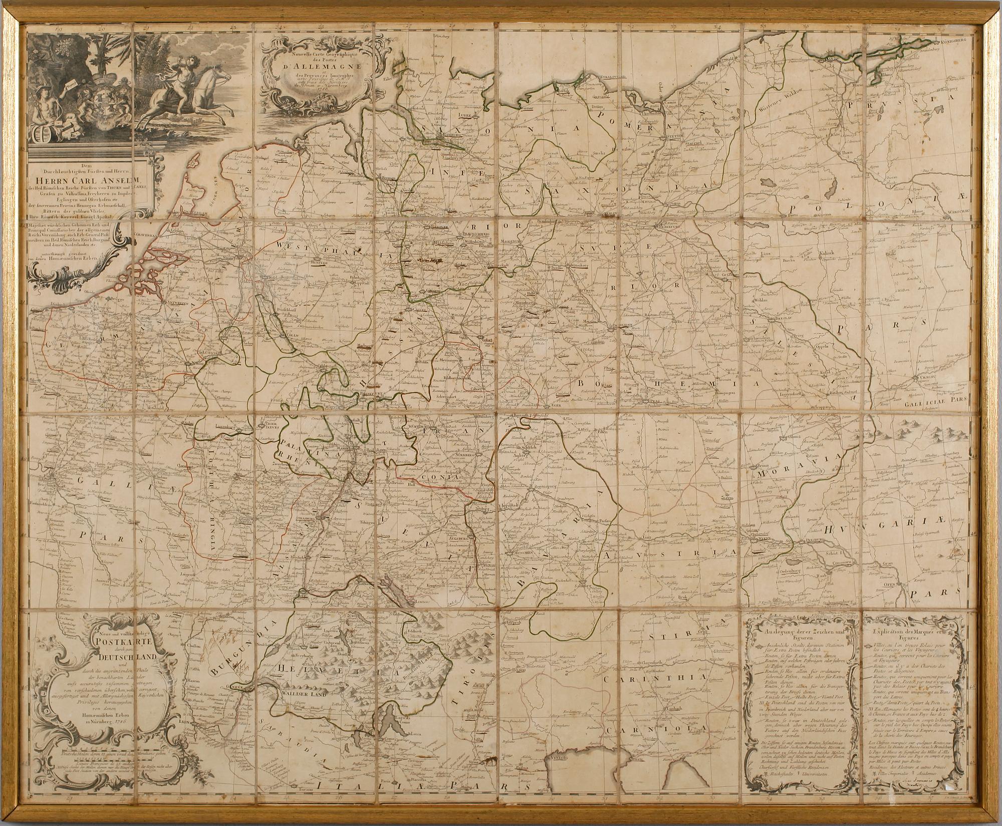 KARTA, kopparstick på duk, Postkarte durch ganze Deutschland, Nürnberg 1786.