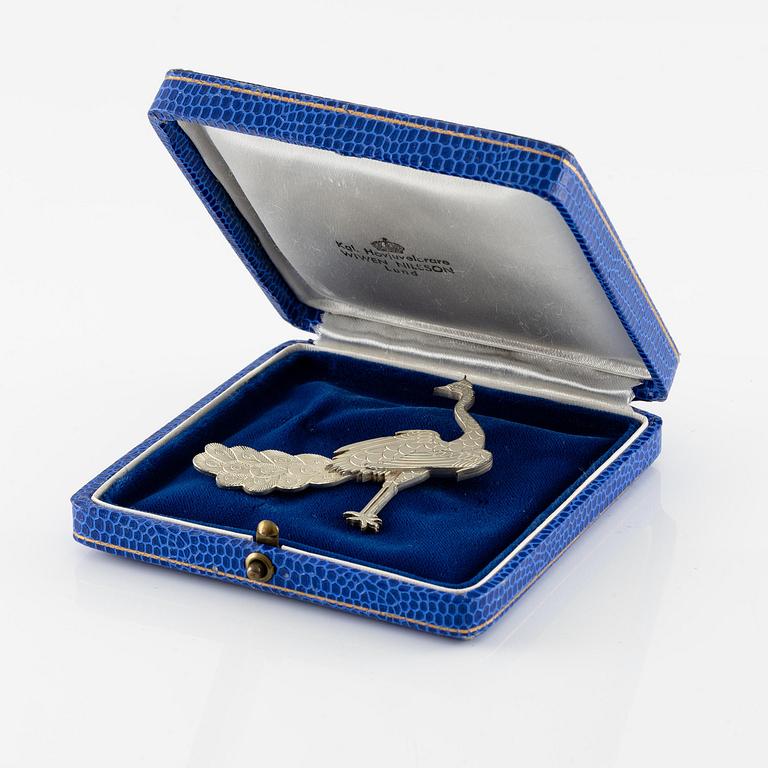 Wiwen Nilsson, a brooch, sterling silver, in the form of a peacock, Lund 1959.