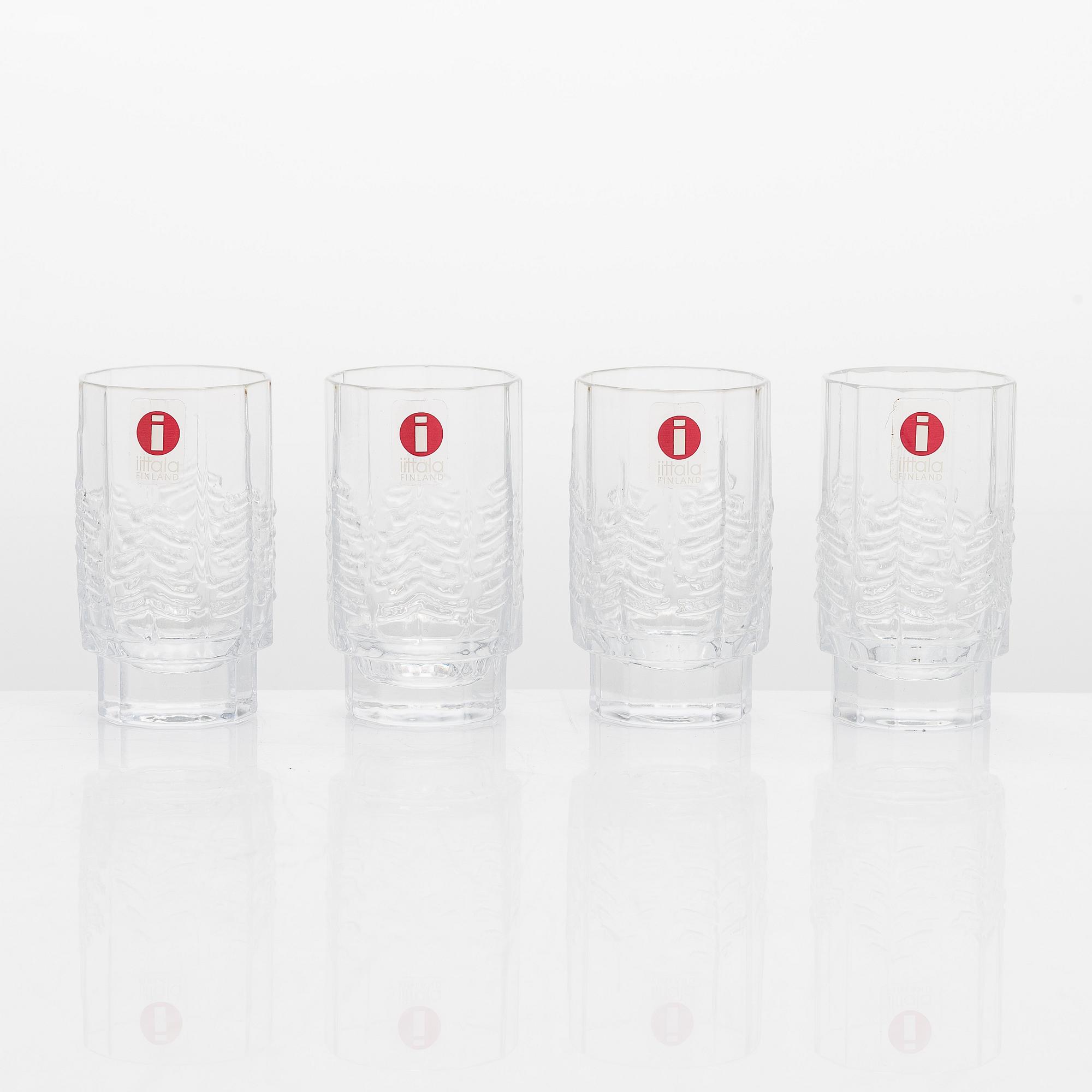 Jorma Vennola, snapsilaseja, 4 kpl, "Kuusi"-sarja, alkuperäisessä puukotelossa, Iittala. 1980-luku.