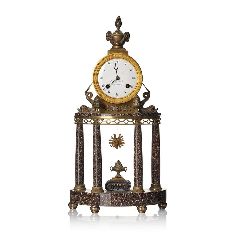A late Gustavian-style porphyry portico clock.