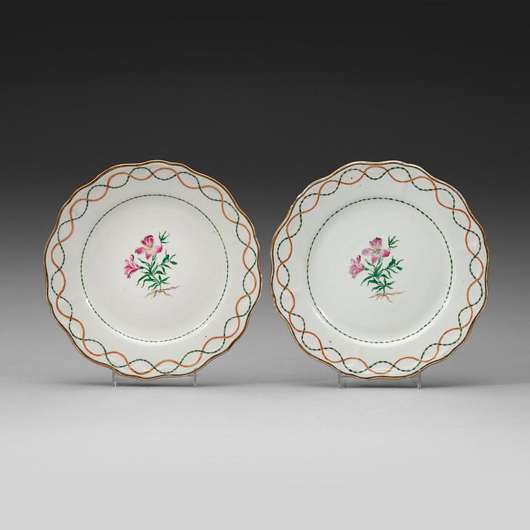 A pair of famille rose armorial dishes for Claes Alströmer, Qing dynasty, Qianlong (1736-95), ca 1770.