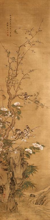 A Song style hanging scroll with birds, by an unidentified artist signed Wu Zhu, late Qing dynasty (1644-1912).