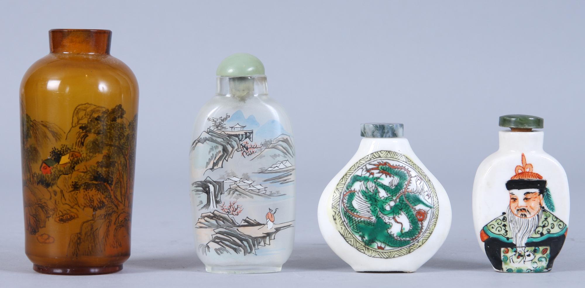 SNUSFLASKOR, 4 st, glas och porslin, 1900-tal.