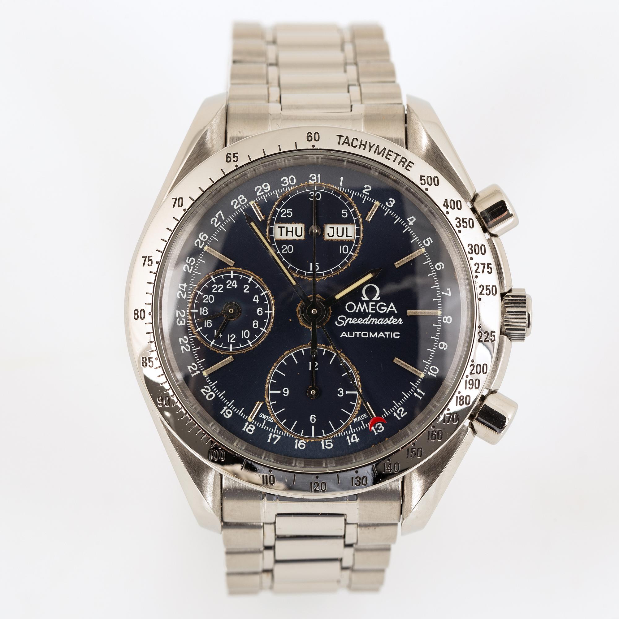 Omega, Speedmaster, Day-Date, "Tachymetre", wristwatch, 39 mm.